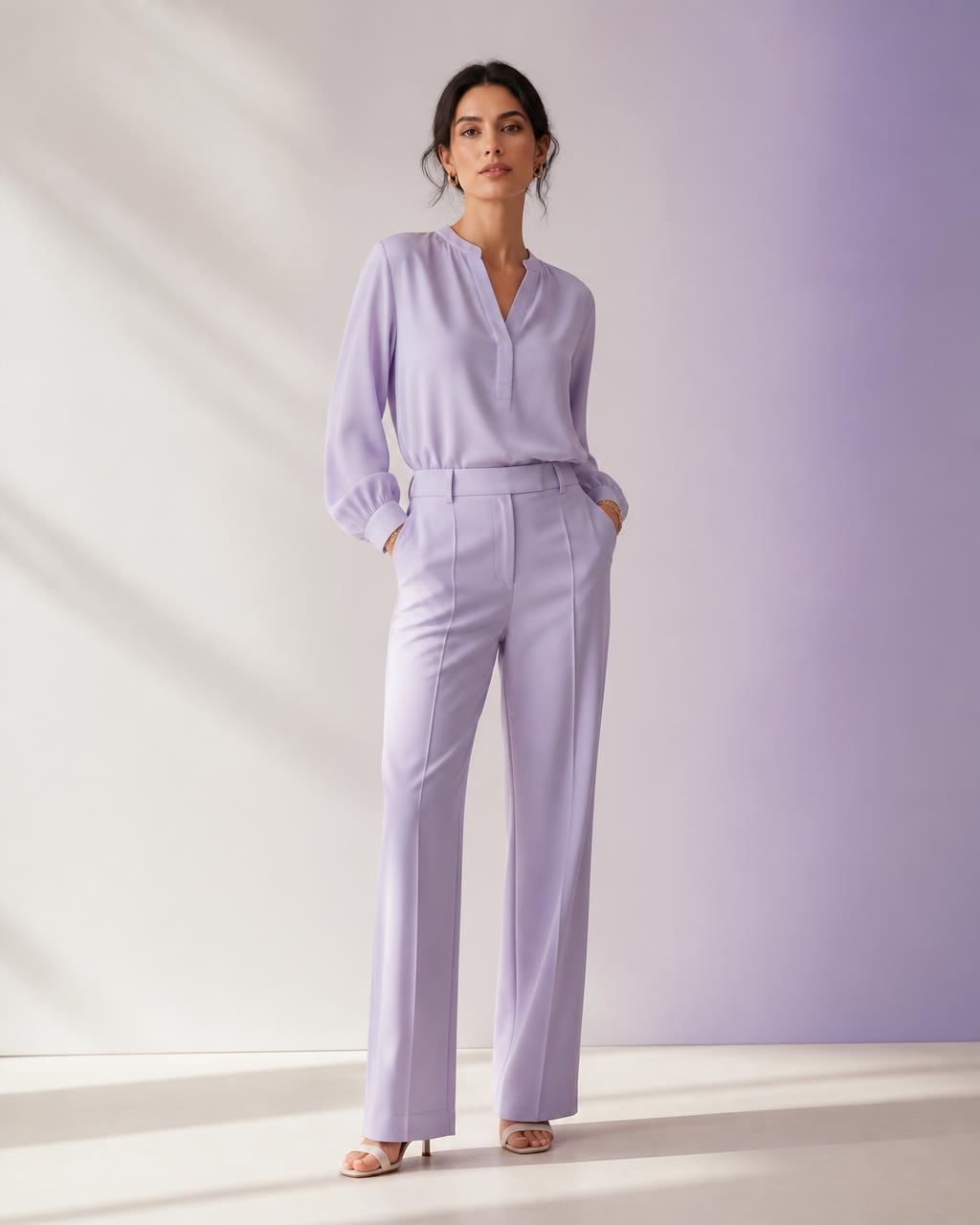 Model wearing a lavender blouse and tailored trousers in a bright studio
